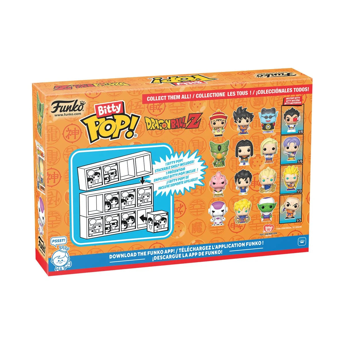 Funko Bitty Pop! packaging with character illustrations on an orange background
