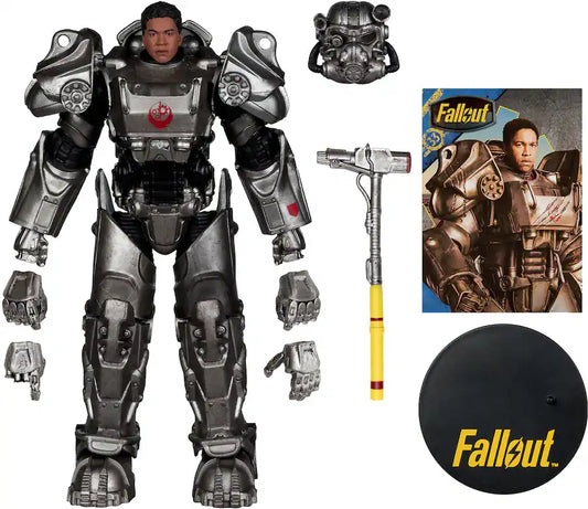 Action figure of a character in futuristic armor with accessories and 'Fallout' branding.
