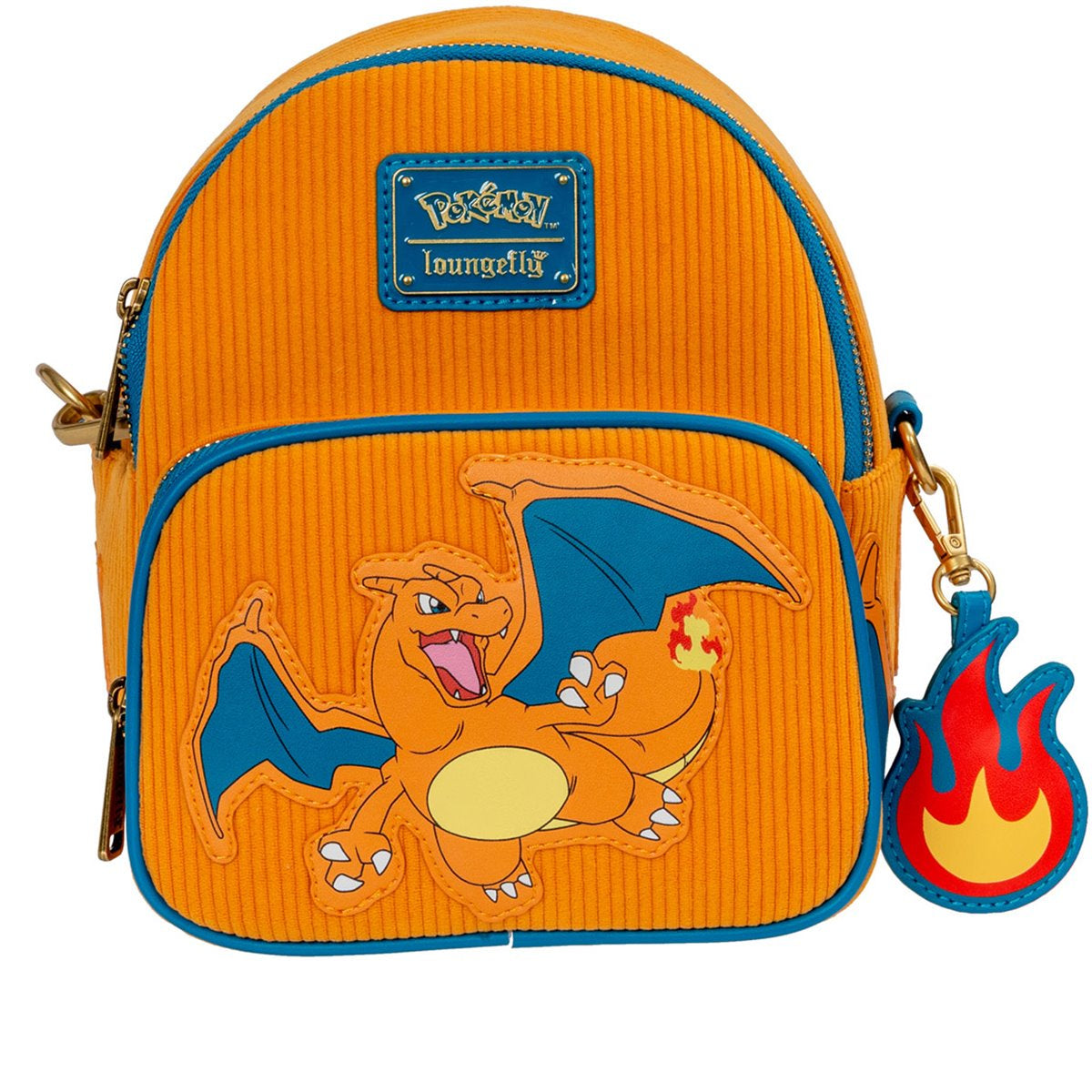 Front view of orange Pokémon Charizard corduroy convertible mini‑backpack with Loungefly logo