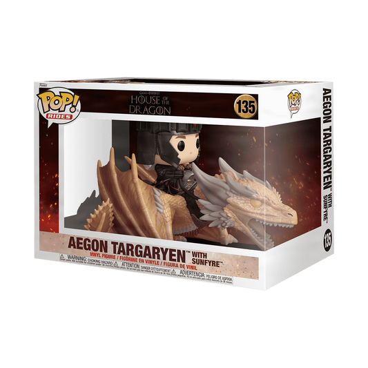 Funko Pop! vinyl figure packaging featuring Aegon Targaryen with a dragon on a white background