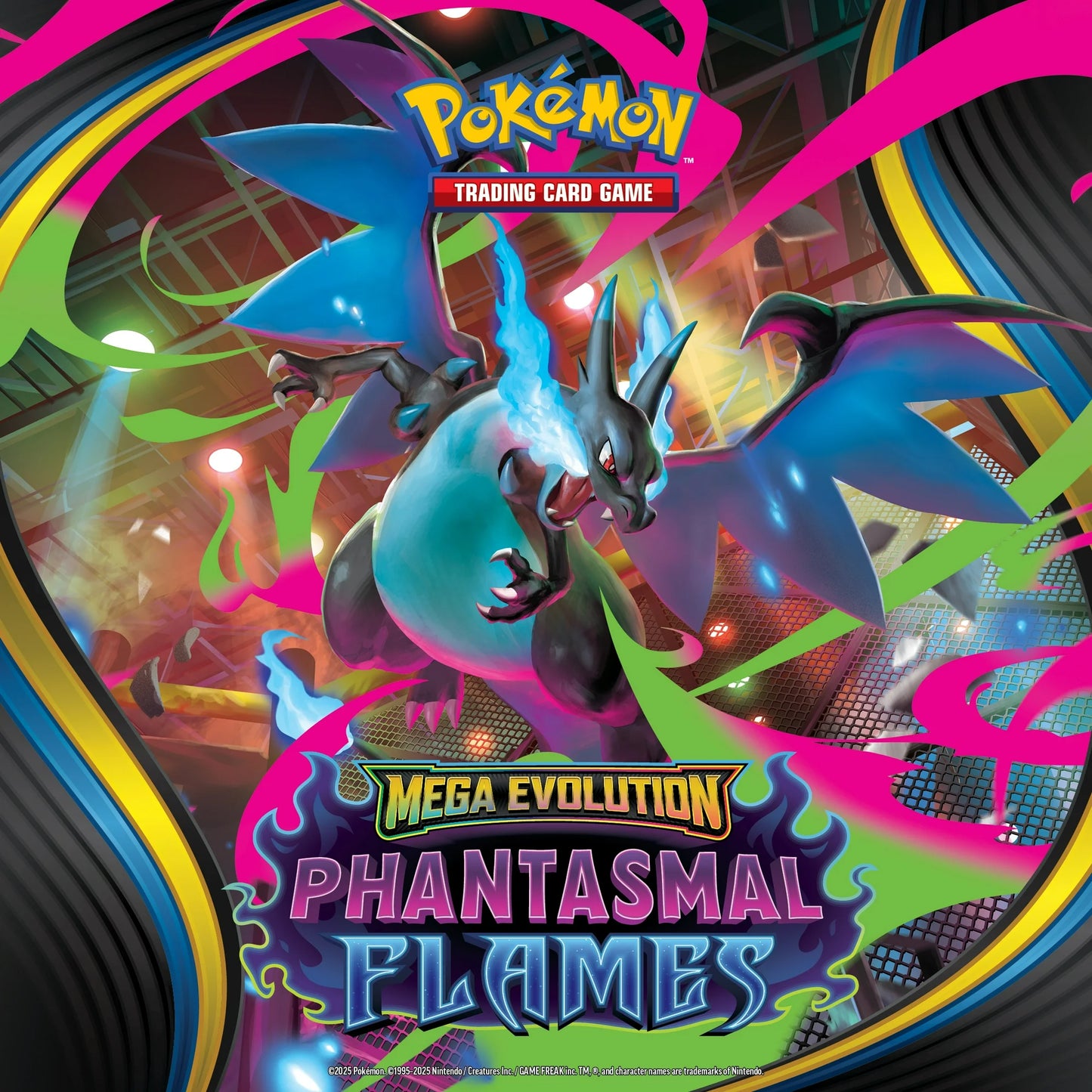 Pokémon Trading Card Game Mega Evolution Phantasmal Flames packaging with two Pokémon characters on a colorful background.