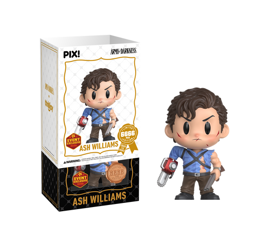 Thrilljoy figurine of Ash Williams with packaging on a white background