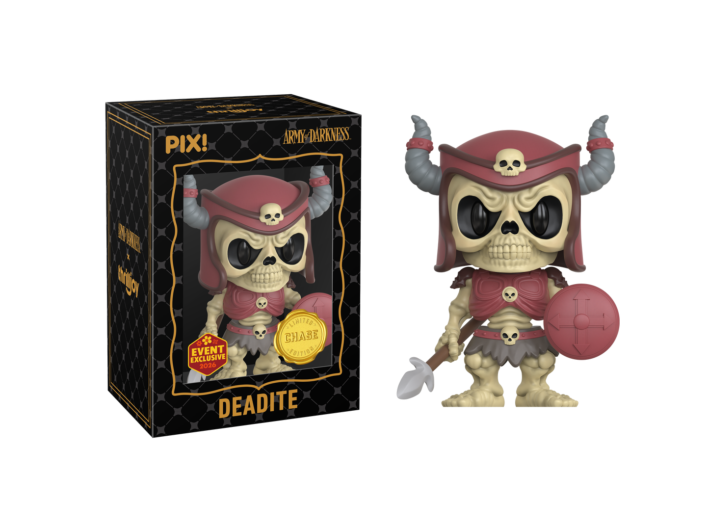 Skull-themed Deadite figurine with red hat and pink ball next to its packaging