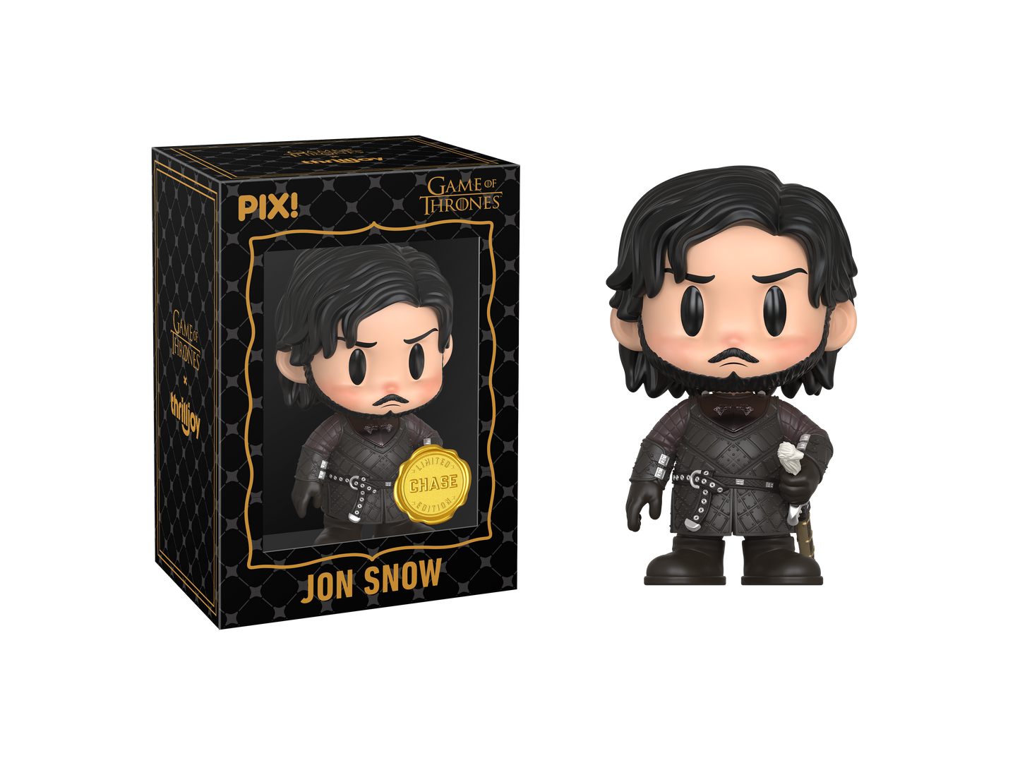 Funko Pop! Jon Snow figure from Game of Thrones next to its packaging on a white background