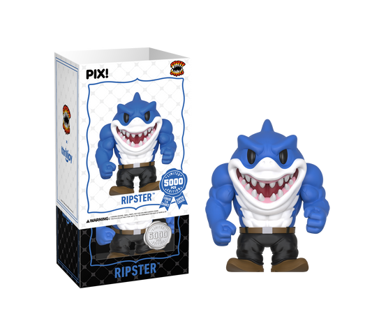 Blue shark-shaped figurine with a white chest and black shorts, standing next to its packaging box.