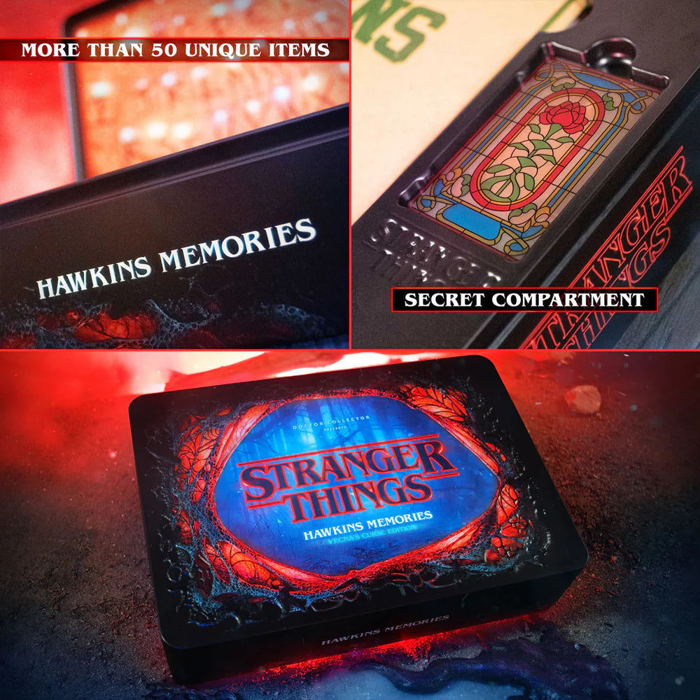 Stranger Things themed product with 'Hawkins Memories' text and 'Secret Compartment' label.