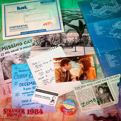 Collage of 'Stranger Things' themed items including a confidential document, missing cat poster, and character photos.