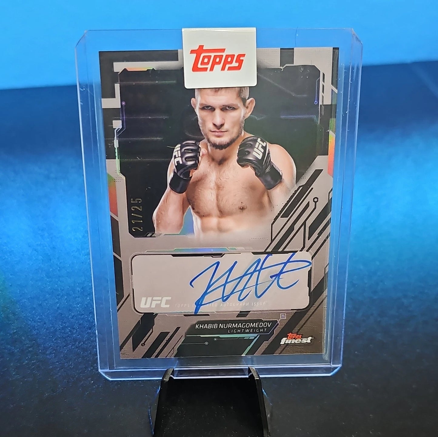 2025 Topps Finest UFC Khabib Nurmagomedov Black Refractor Autograph card TFA-KN numbered 21 out of 25 front view