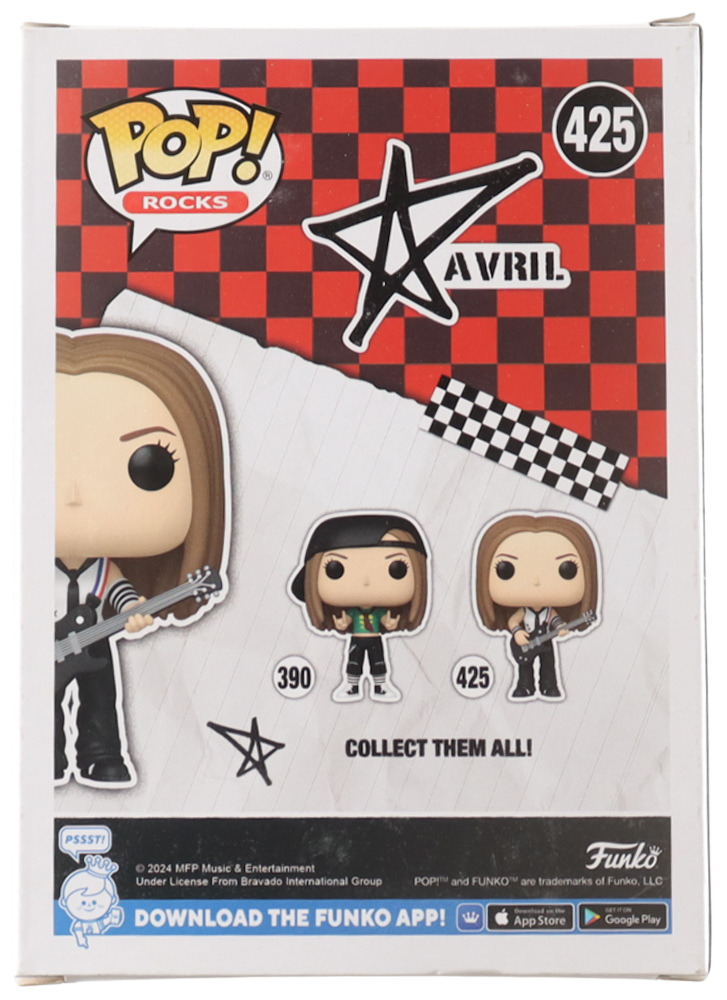 Funko Pop! Rocks Avril Lavigne figure packaging with checkered design and Funko branding.