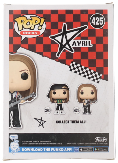 Funko Pop! Rocks Avril Lavigne figure packaging with checkered design and Funko branding.