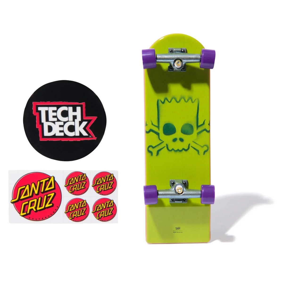 Green skateboard with Bart Simpson skull design, purple trucks, and Tech Deck logo on a white background.