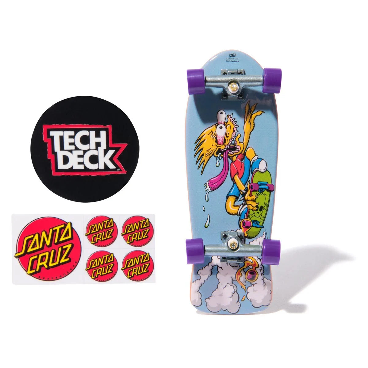 Skateboard with colorful design and 'Tech Deck' branding, surrounded by 'Santa Cruz' stickers and Bart Simpson Graphics Fingerboard.