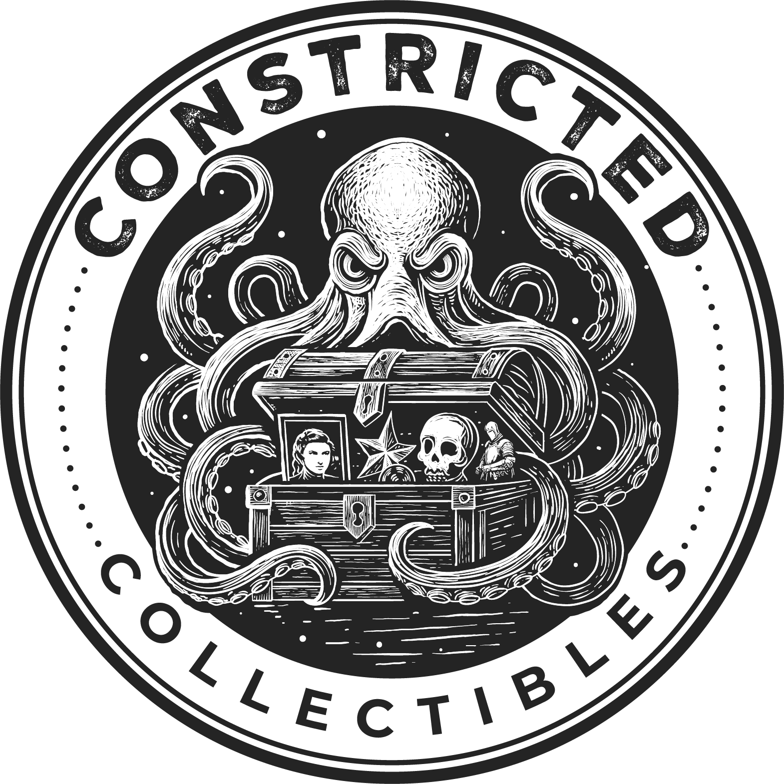 Logo of Constricted Collectibles featuring an octopus with a treasure chest and various items.