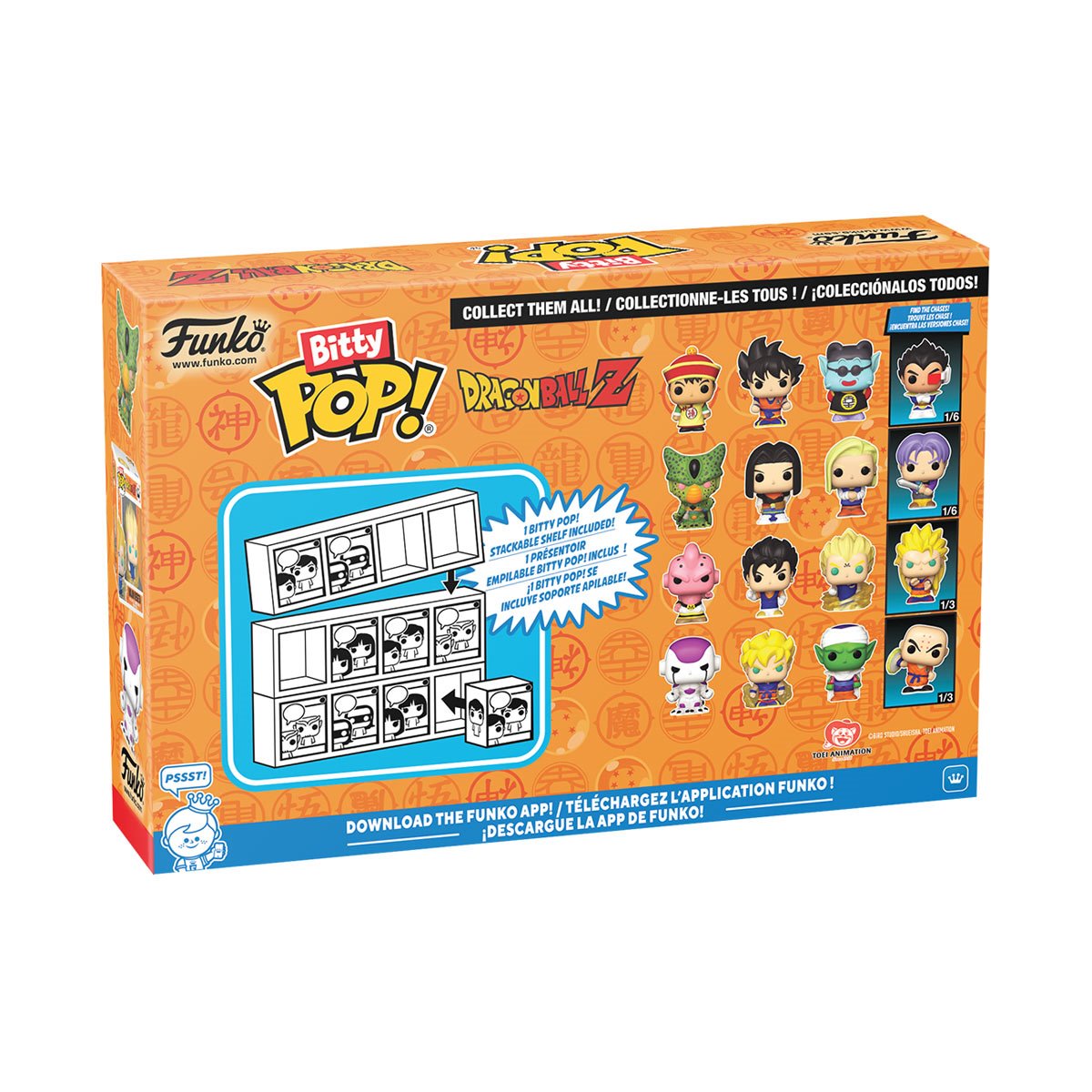 Funko Bitty Pop! packaging for Dragon Ball Z figures on an orange background