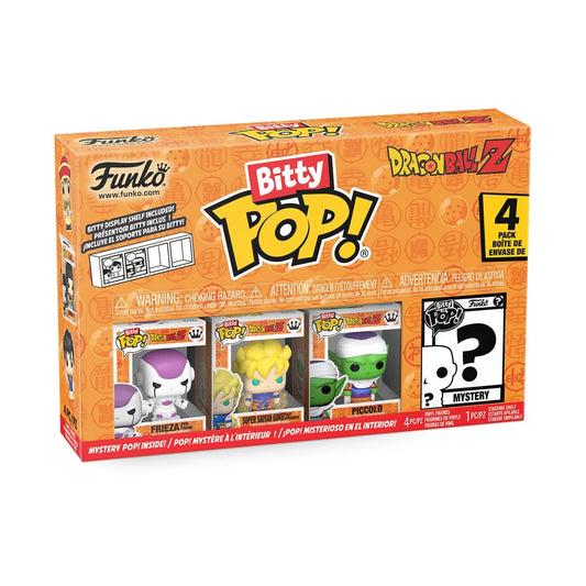 Funko Bitty Pop! packaging with four figures and a mystery figure on a white background