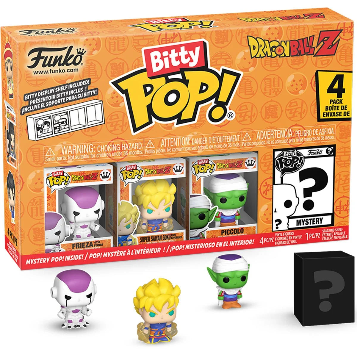 Funko Bitty Pop! Dragon Ball Z packaging with figures and display shelf.