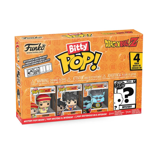 Funko Bitty Pop! DragonBall Z packaging with four figures and a mystery figure on a white background