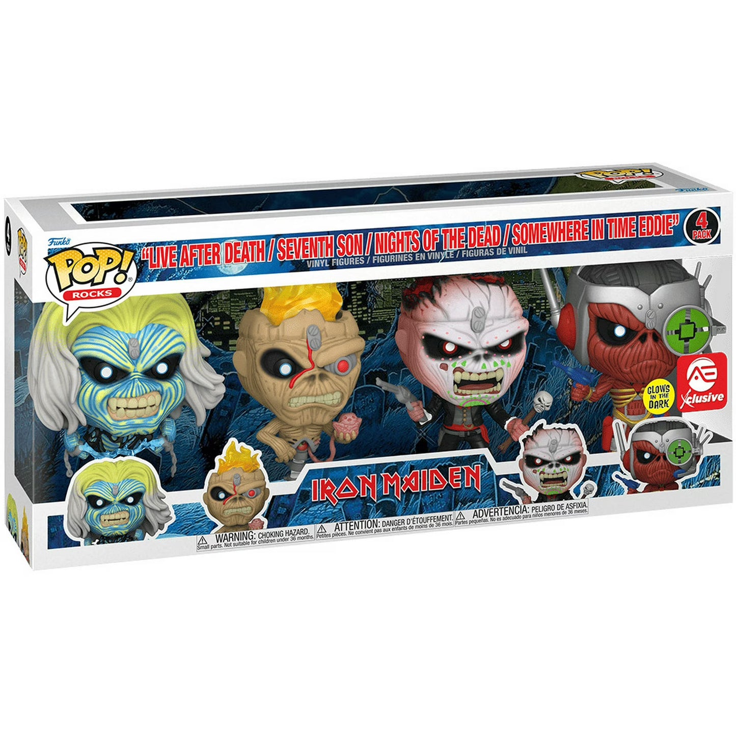 Box of Iron Maiden Pop! Rocks figures with character illustrations on a white background