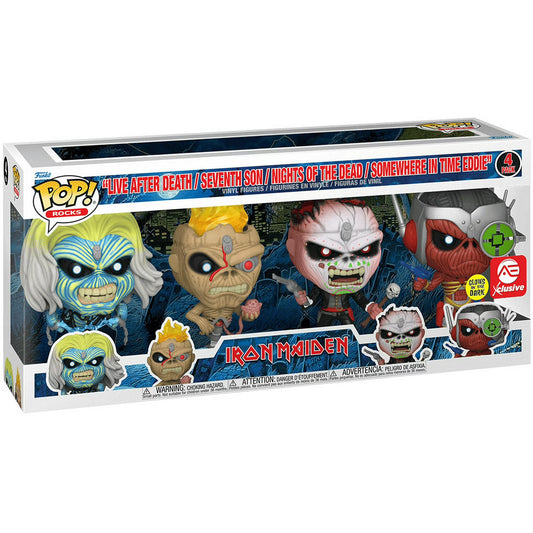 Box of Iron Maiden Pop! Rocks figures with character illustrations on a white background