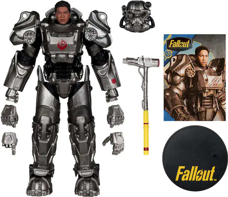 Action figure of a character in futuristic armor with accessories and 'Fallout' branding.