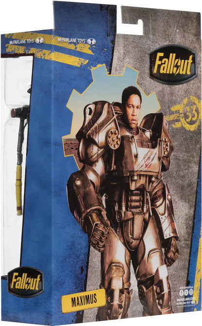 Action figure packaging for 'Fallout' with character Maximus on a blue and gray background