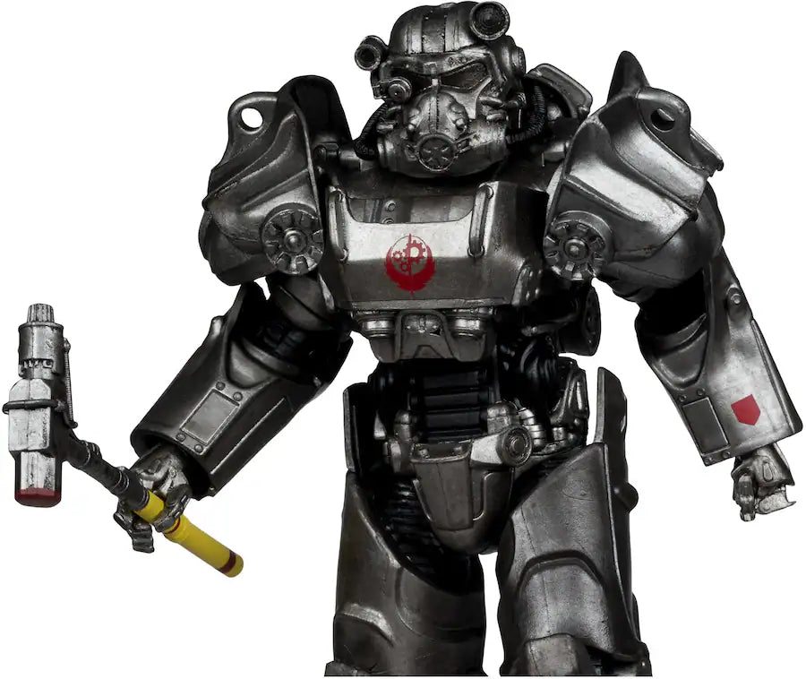 Mechanical figure with a gas mask and red emblem on a white background