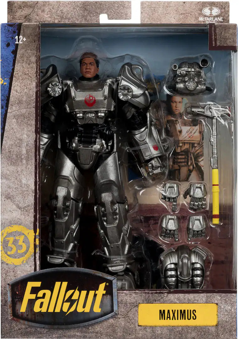 Action figure packaging for 'Fallout' series, featuring the character Maximus.
