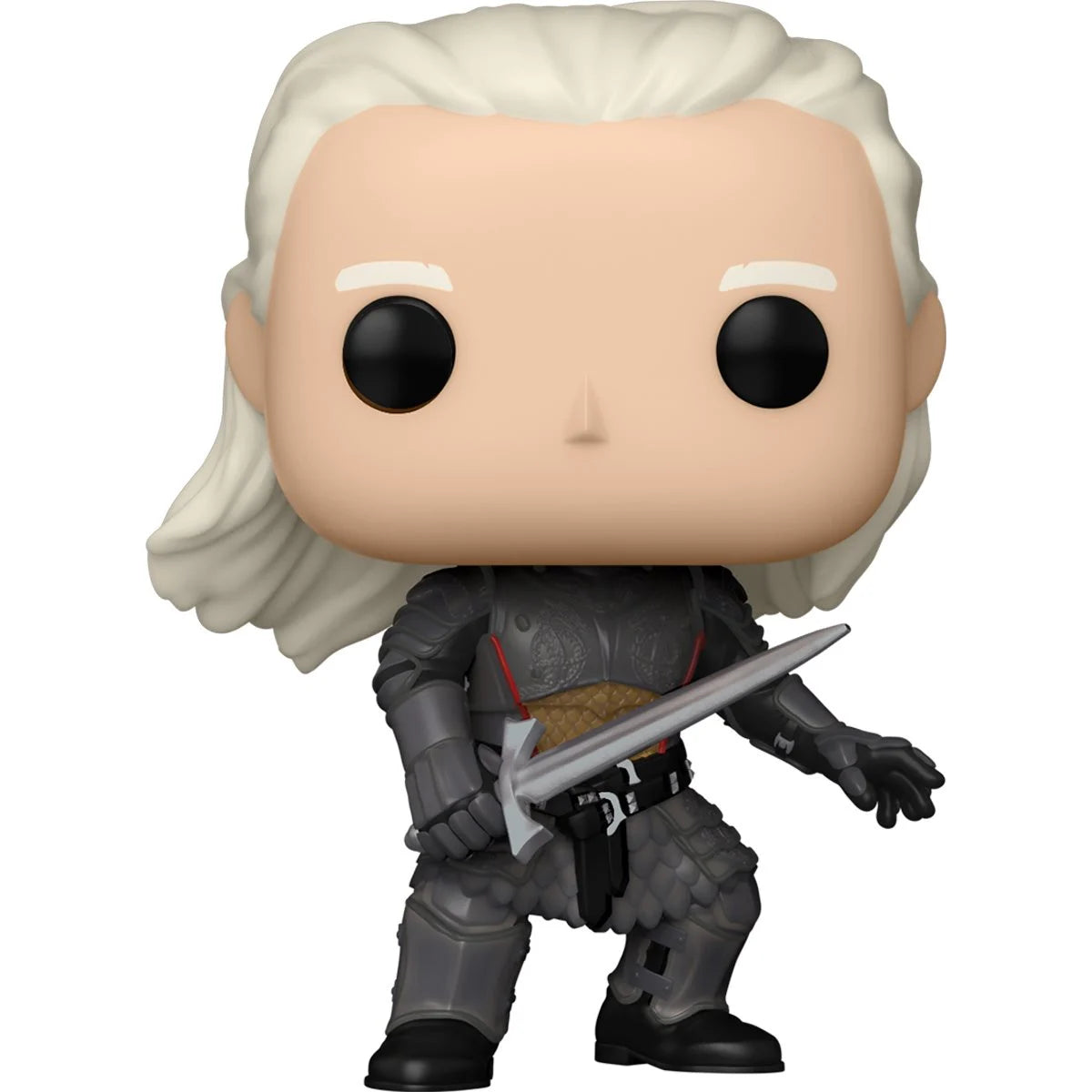 Funko Pop! vinyl figure of Daemon Targaryen with white hair and armor holding a sword on a white background