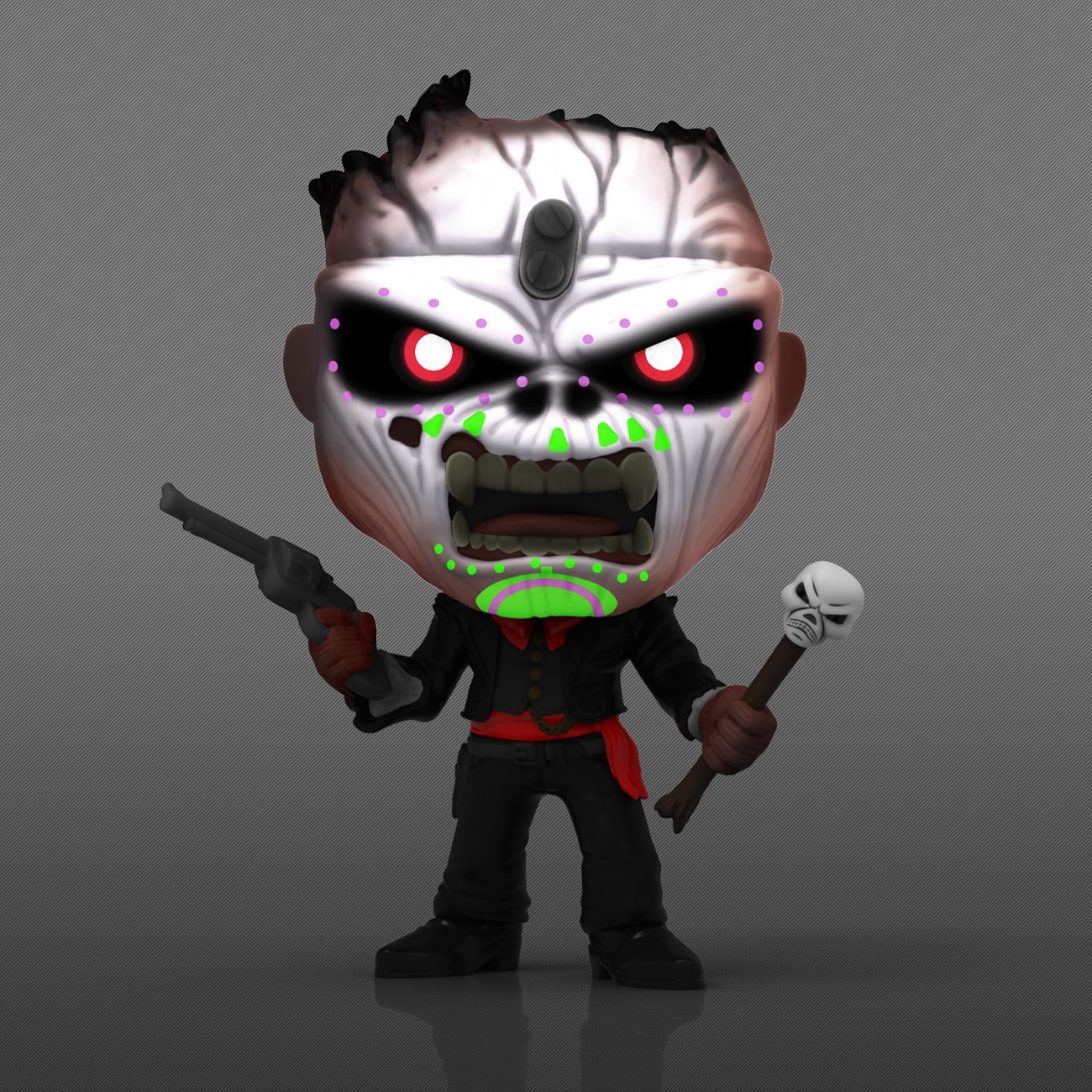 Toy figure with a menacing design holding weapons on a gray background