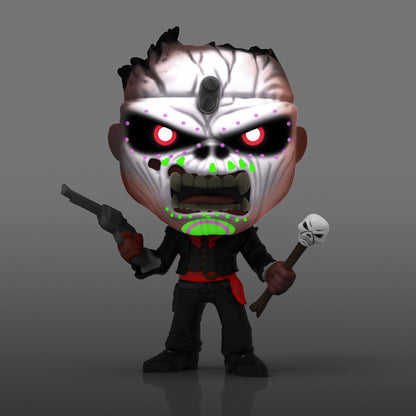Toy figure with a menacing design holding weapons on a gray background