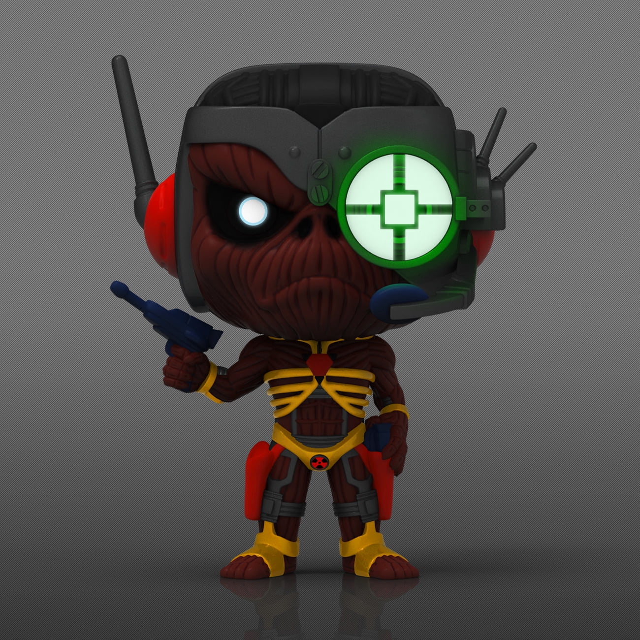 Toy figure with helmet and weapon on a gray background