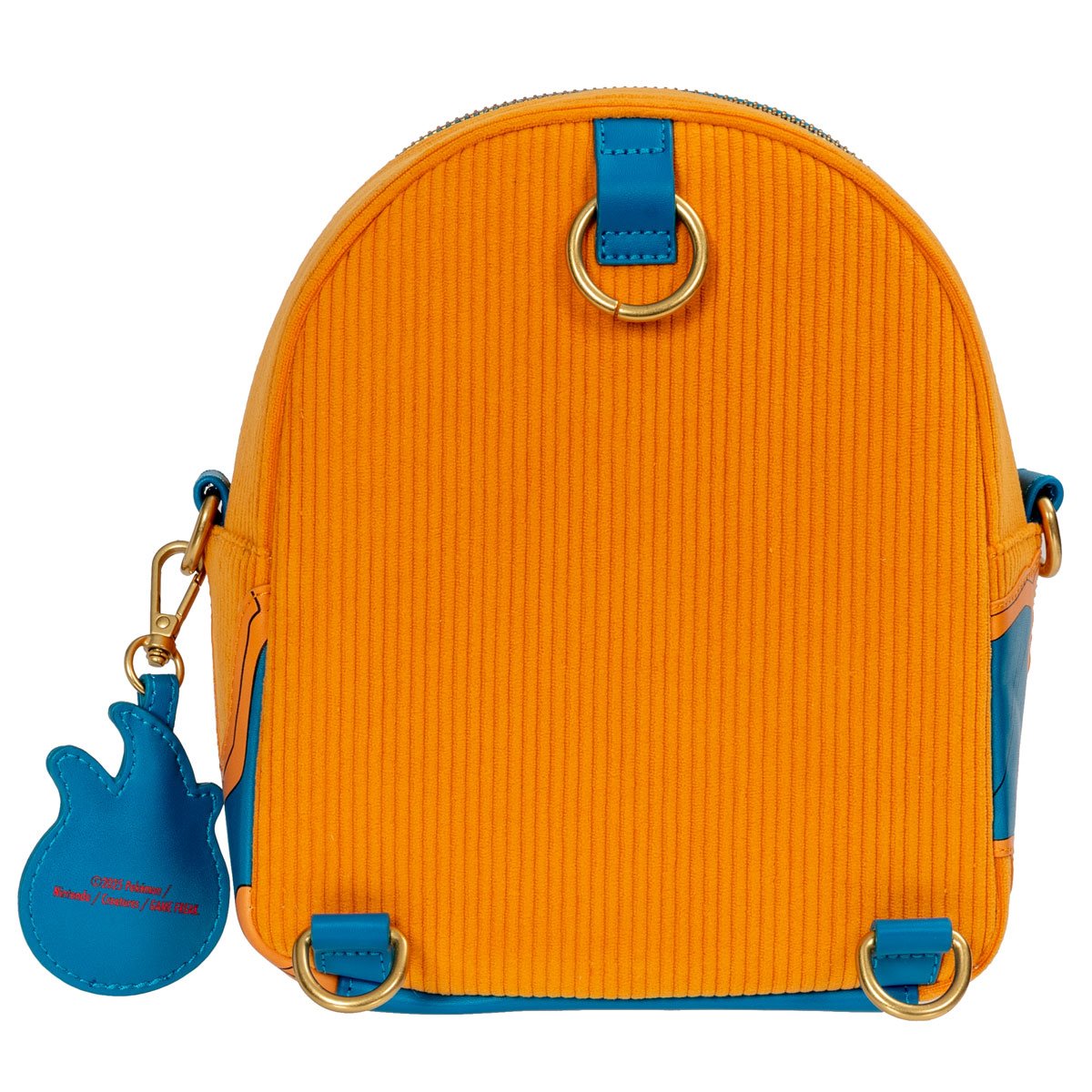 Orange textured backpack with blue accents and a flame-shaped keychain on a white background
