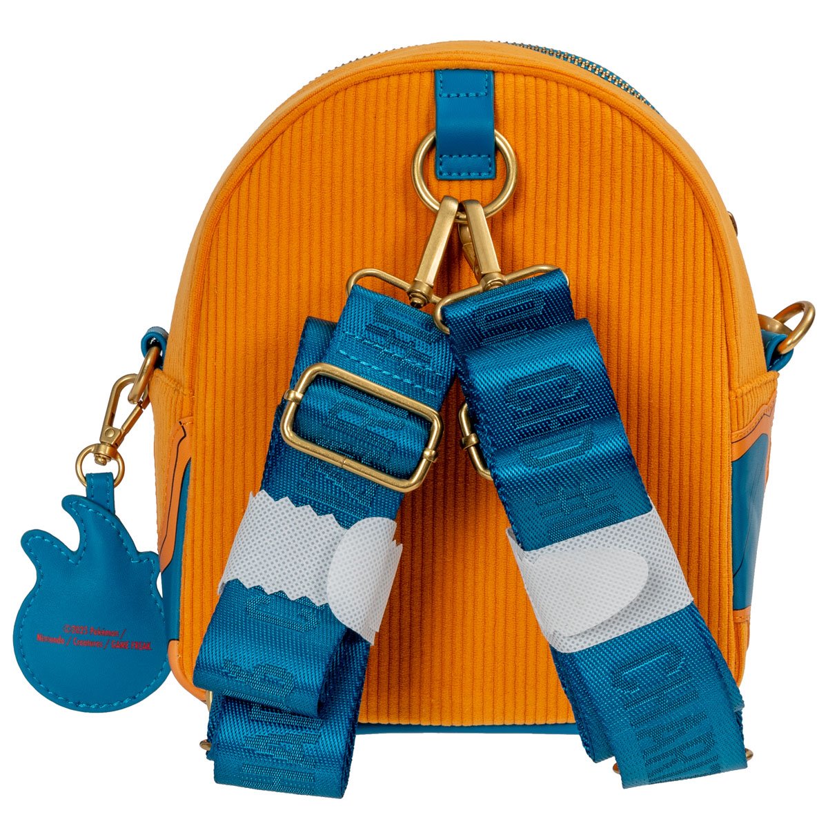 Orange round bag with blue straps and a keychain on a white background