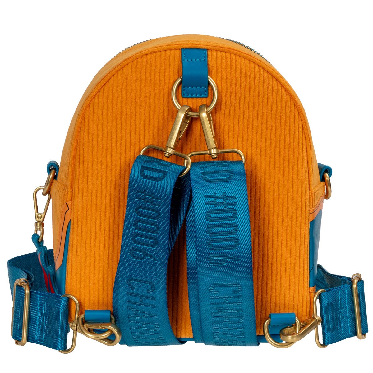 Back view of Charizard mini‑backpack with blue adjustable straps and visible Loungefly branding.
