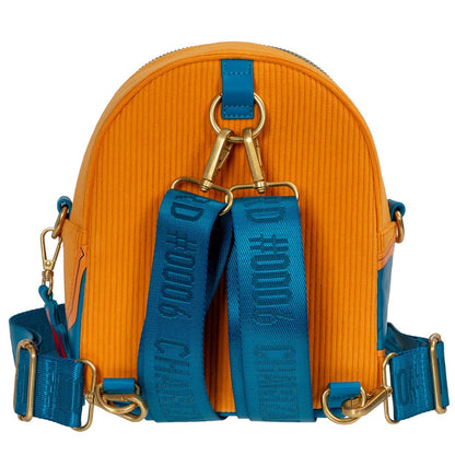 Back view of Charizard mini‑backpack with blue adjustable straps and visible Loungefly branding.