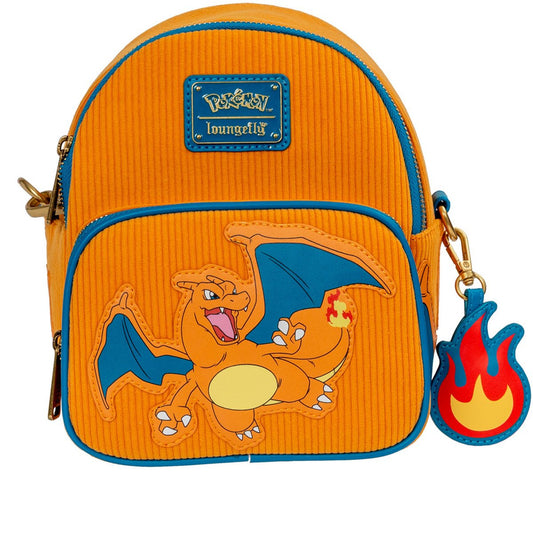 Front view of orange Pokémon Charizard corduroy convertible mini‑backpack with Loungefly logo