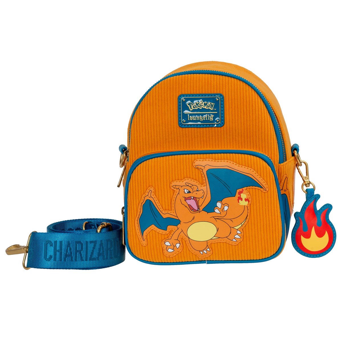 Orange backpack with Charizard design and flame charm on a white background