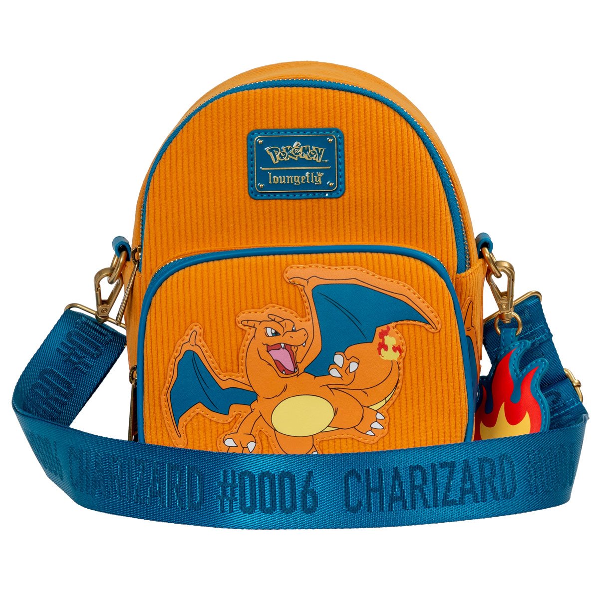 Orange and blue bag with Charizard design on a white background