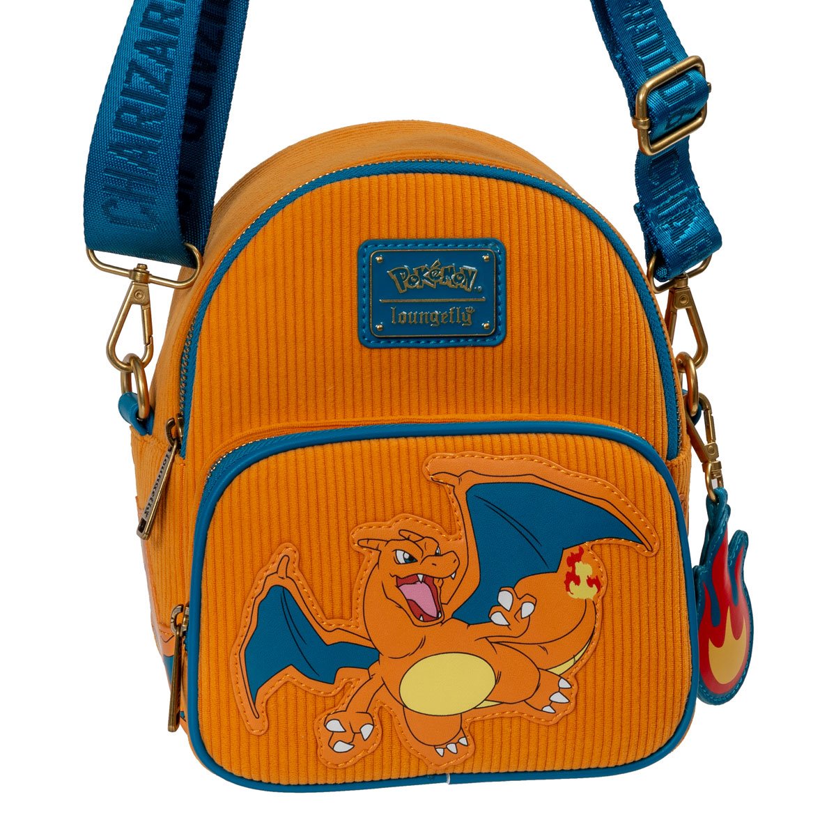 Charizard mini‑backpack converted to crossbody bag with adjustable orange strap and removable flame charm, on white background.