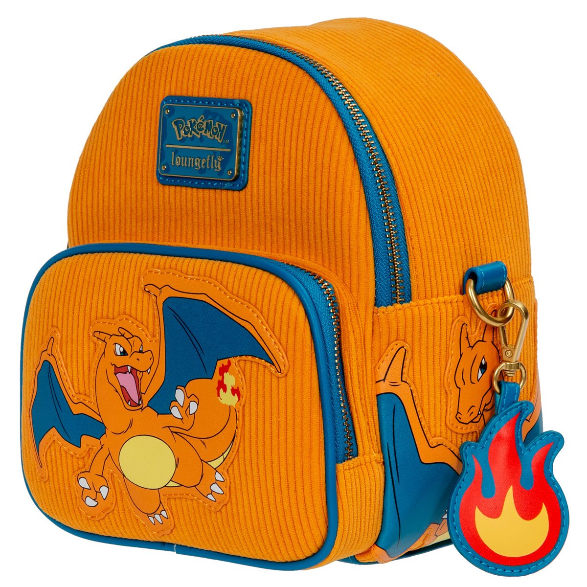 Angled front view of Charizard mini‑backpack showcasing orange corduroy, embroidered Charizard features and removable flame charm.