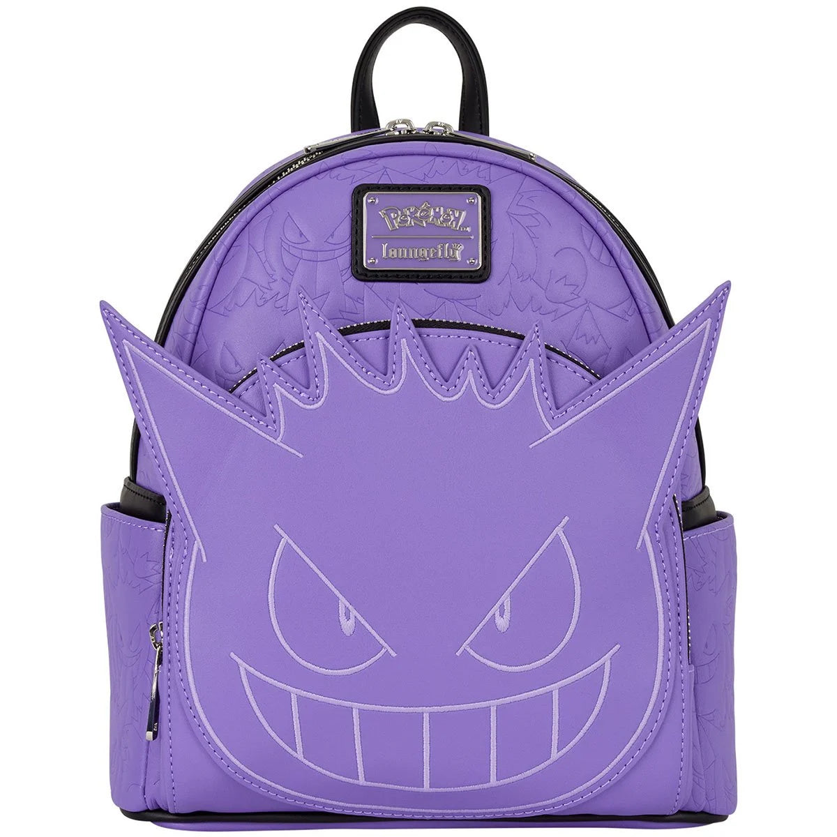 Front view of purple Pokémon Gengar mini‑backpack with embroidered face and eyes