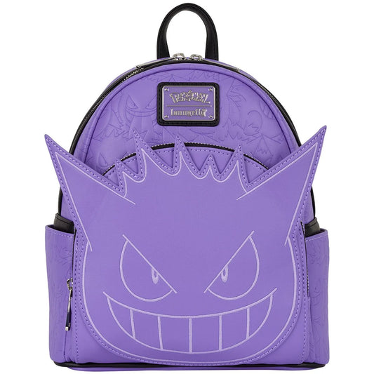 Front view of purple Pokémon Gengar mini‑backpack with embroidered face and eyes