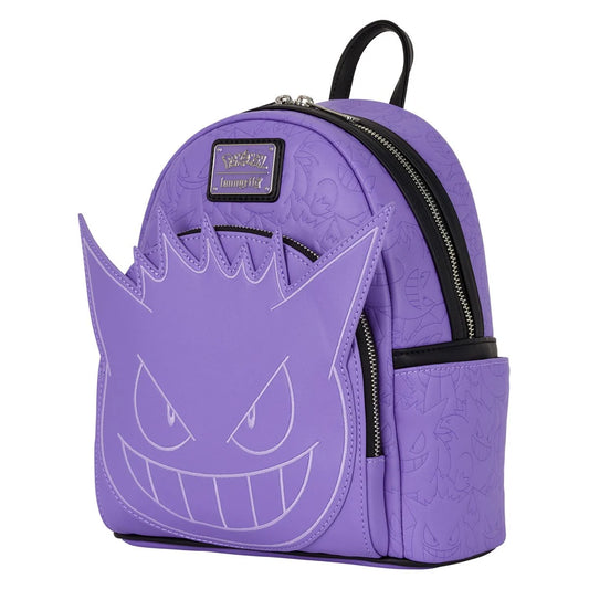 Purple backpack with a Gengar Pokemon face design on a white background