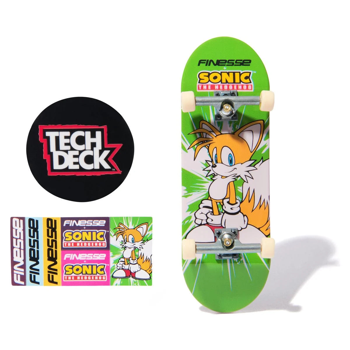 Finesse Sonic the Hedgehog skateboard deck with Tech Deck logo and additional stickers.
