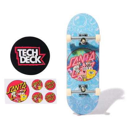 Skateboard deck with colorful Santa Cruz design featuring SpongeBob characters and stickers, featuring Tech Deck logo.