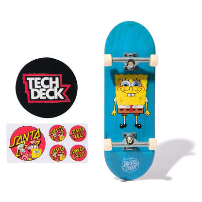 Skateboard with SpongeBob SquarePants design, Tech Deck logo, and Santa Cruz stickers on a white background