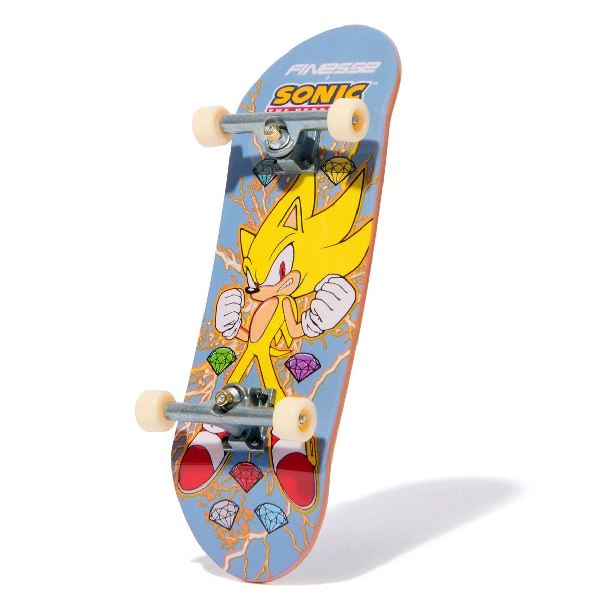 Skateboard with Super Sonic the Hedgehog design on a white background
