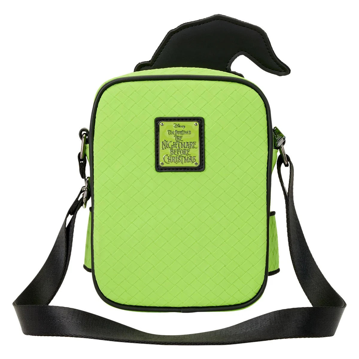 Green quilted bag with black strap and 'Nightmare Before Christmas' logo on a white background