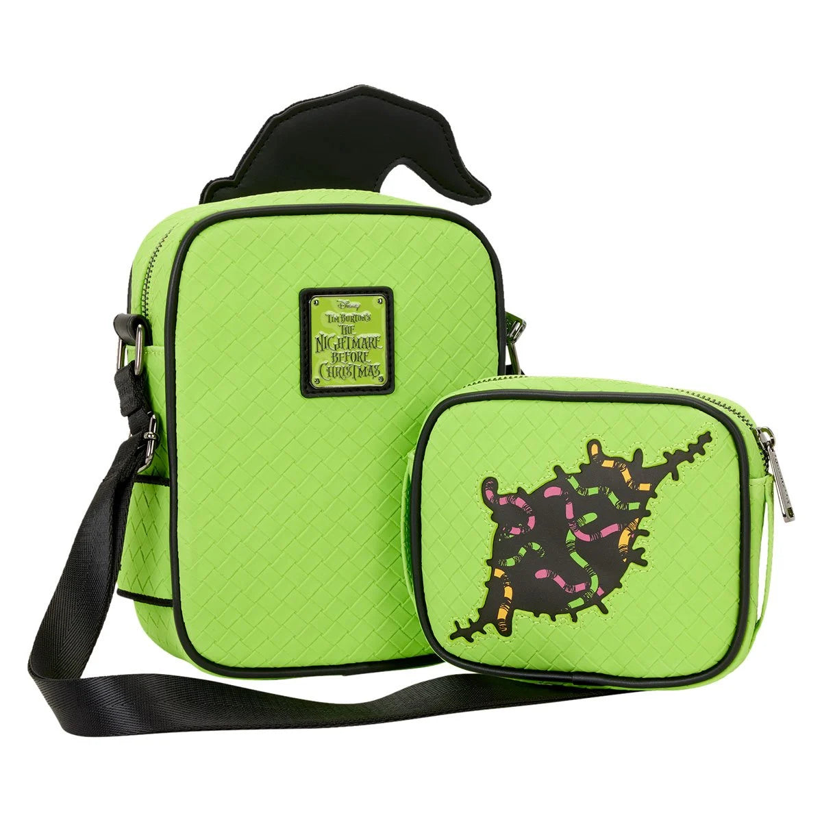 Green bag with black strap and black design on a white background