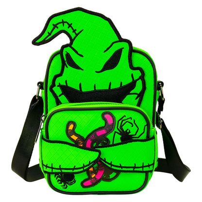 Green bag with a cartoonish design of Oogie Boogie Glowing in the dark on a white background